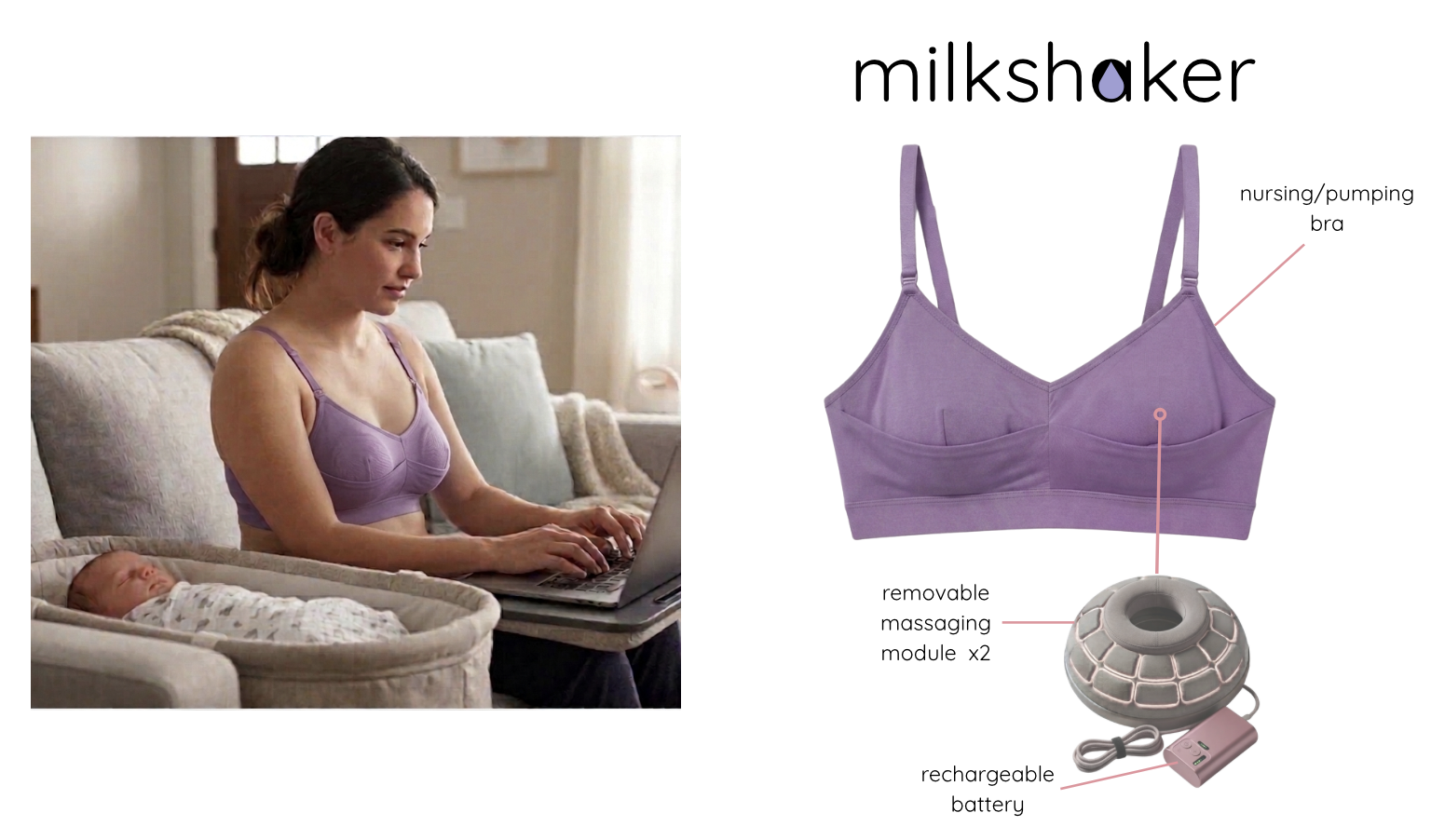 MilkShaker nursing and pumping bra with two removable massaging modules and a rechargeable battery